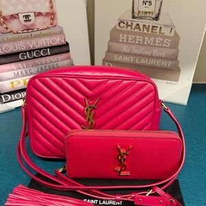 Bundle-Saint Laurent Pink Crossbody Chevron Leather Bag and Wallet - COA INLUDED